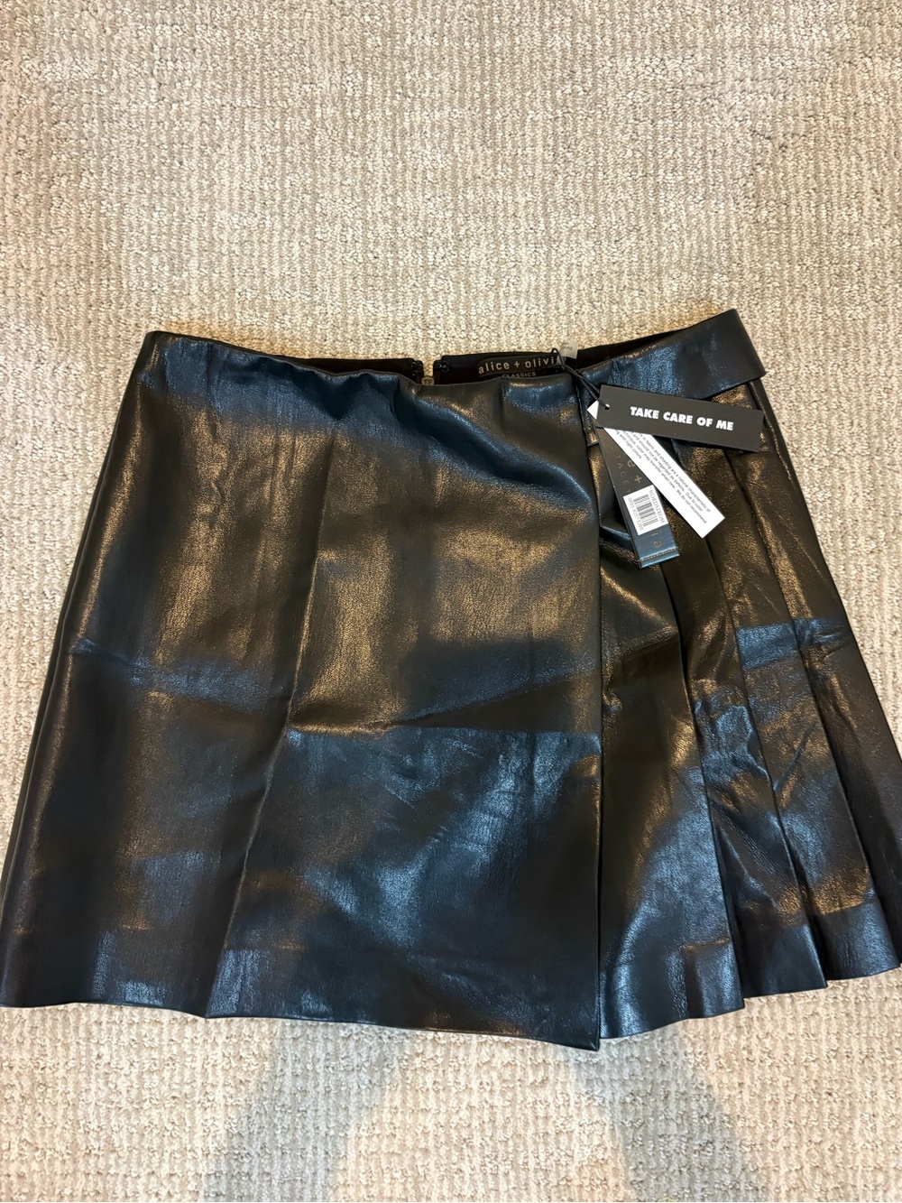 Alice + Olivia Black Faux Leather Mini Skirt with Side Pleat